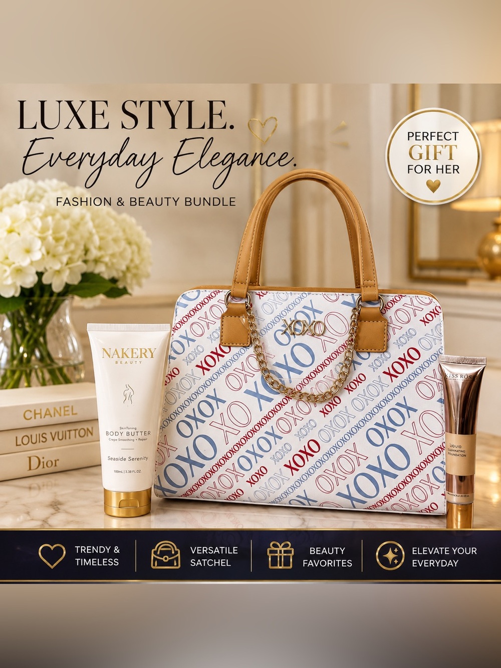 ✨ NWT XOXO Logo Satchel + Luxury Beauty Bundle | Nakery & Kiss Rose ✨ ERV $125